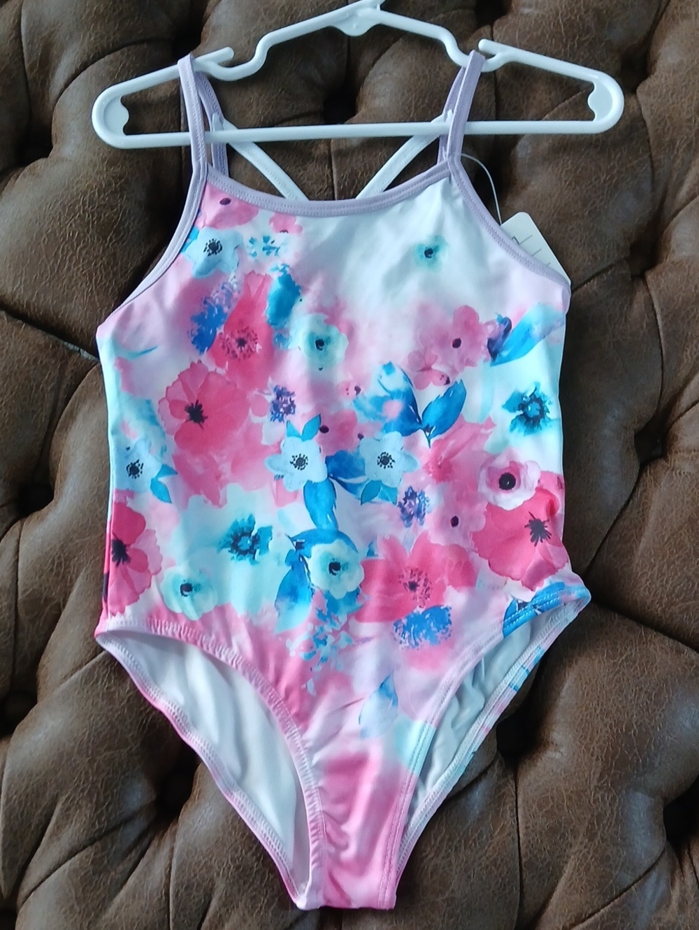 Girls' Floral Spaghetti Strap Leotard- Pink & Blue